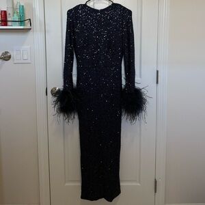 Club L London Black Sequin Dress with Feather Cuffs